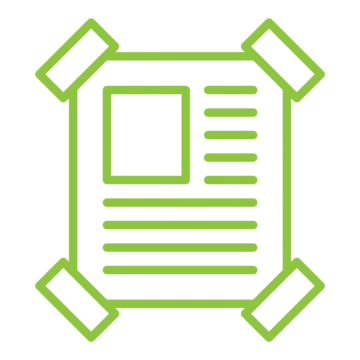 Stylized green document icon with placeholders for text and image on a black background.