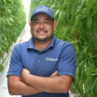 Confident man in greenhouse showcasing vibrant crops and dedication to quality agriculture.