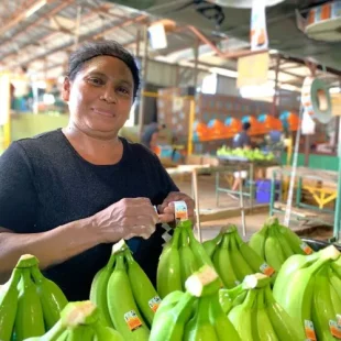 Market woman proudly selling fresh green bananas in a vibrant, bustling marketplace.